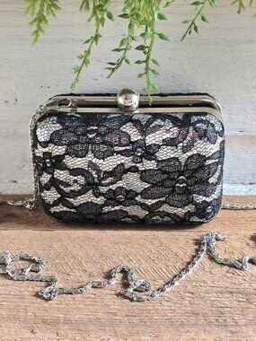 Black Floral Lace & Silver Sequin Maurices Crossbody Purse Evening Bag Clutch